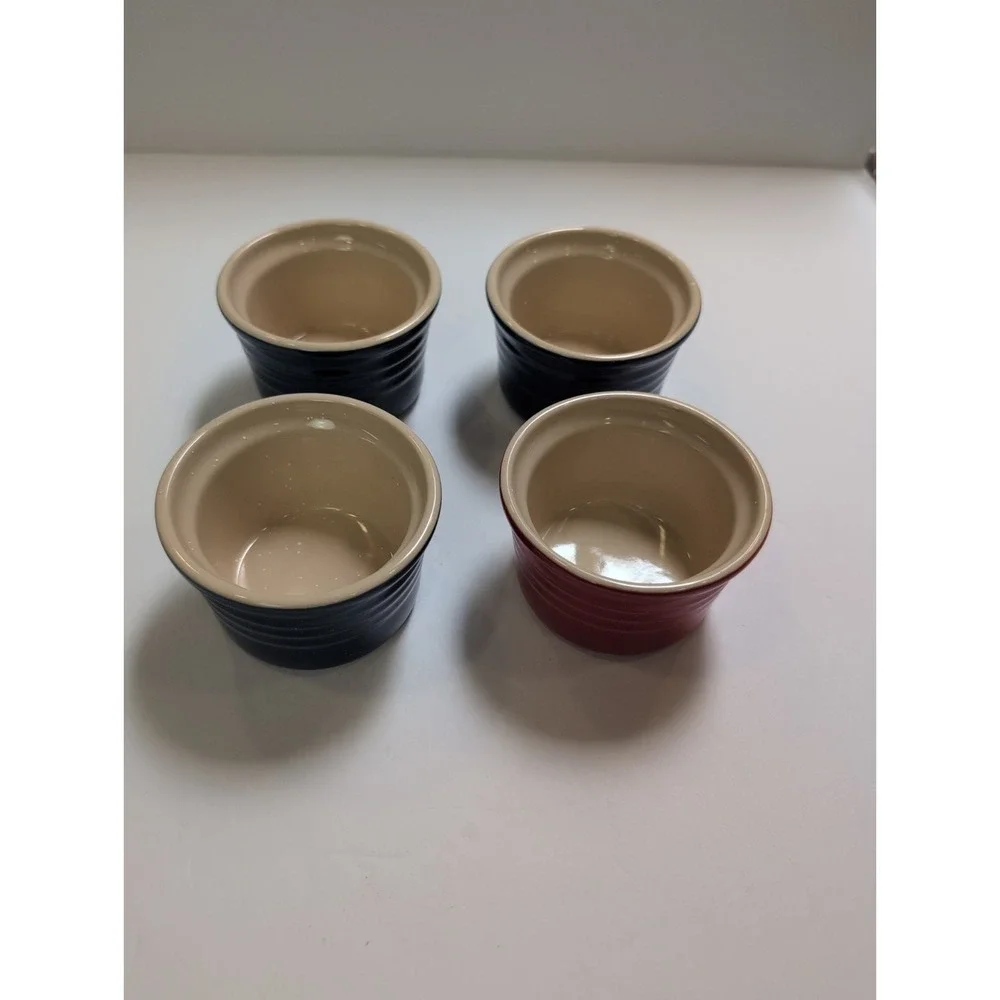 Le Creuset Stoneware Custard Cups 4 Oz 3 Blue 1 Red Ribbed Ramekins- ‎ Set Of 4
